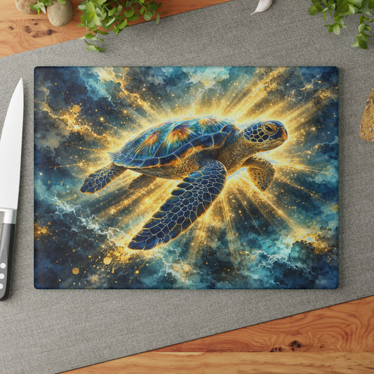 Radiant Sea Turtle Glass Cutting Board – Luminous Ocean Wildlife Art