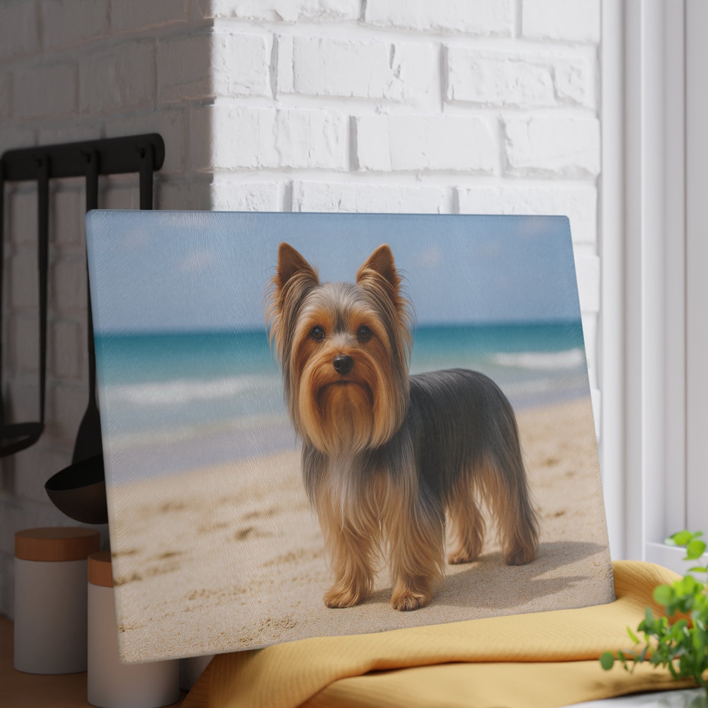🐾🌊 Yorkie by the Ocean Cutting Board – Breezy Elegance for Your Kitchen 🌴