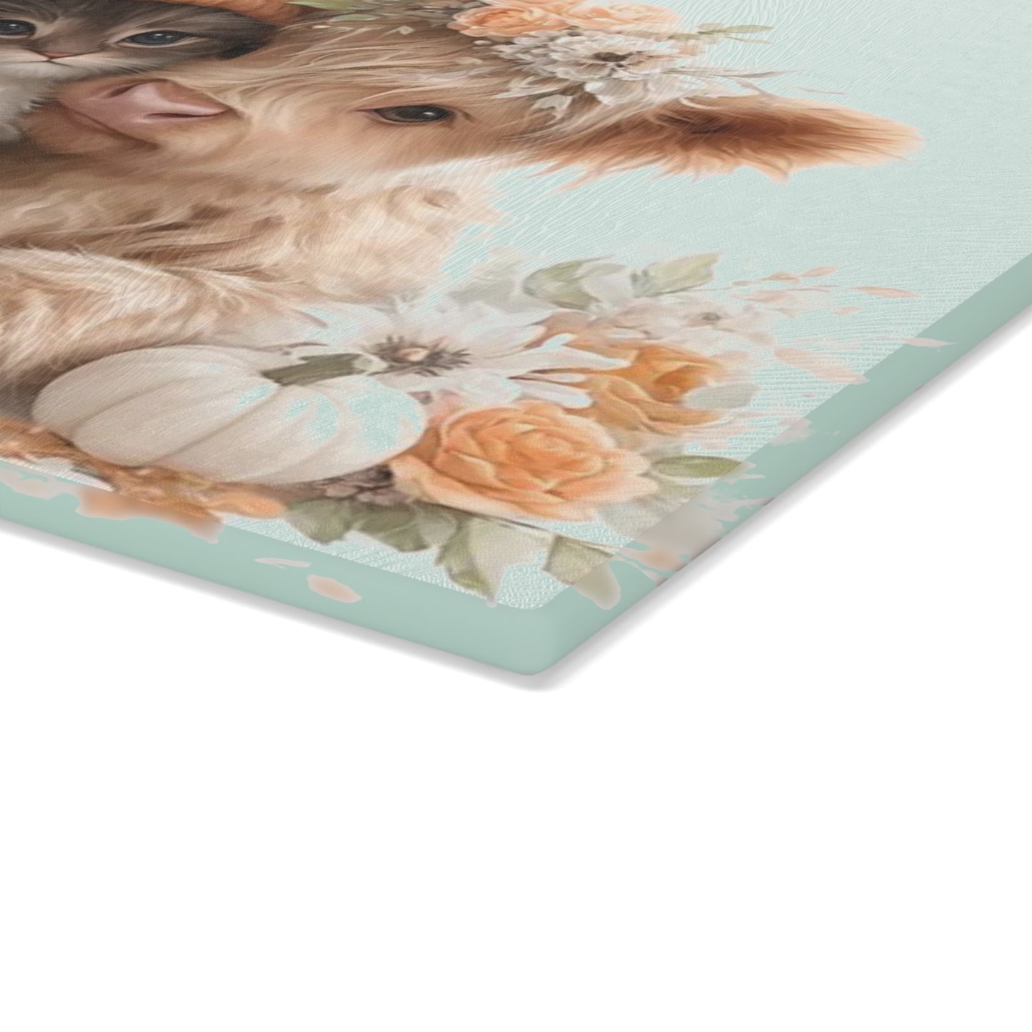 🍂🐱🐮 “Farm Fresh Snuggles & Fall Feels” Glass Cutting Board – Cozy Autumn Charm for Your Kitchen