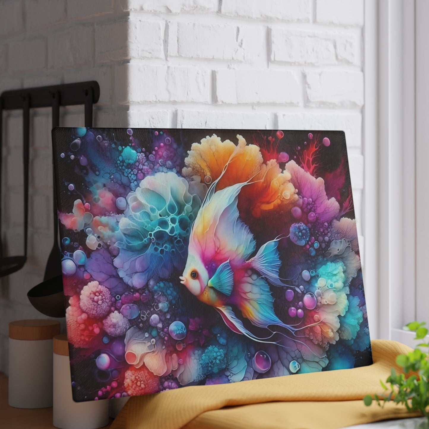 Tabla de cortar de vidrio con diseño de pez fantasía vibrante: Elegancia de arrecife de acuarela para cocinas artísticas