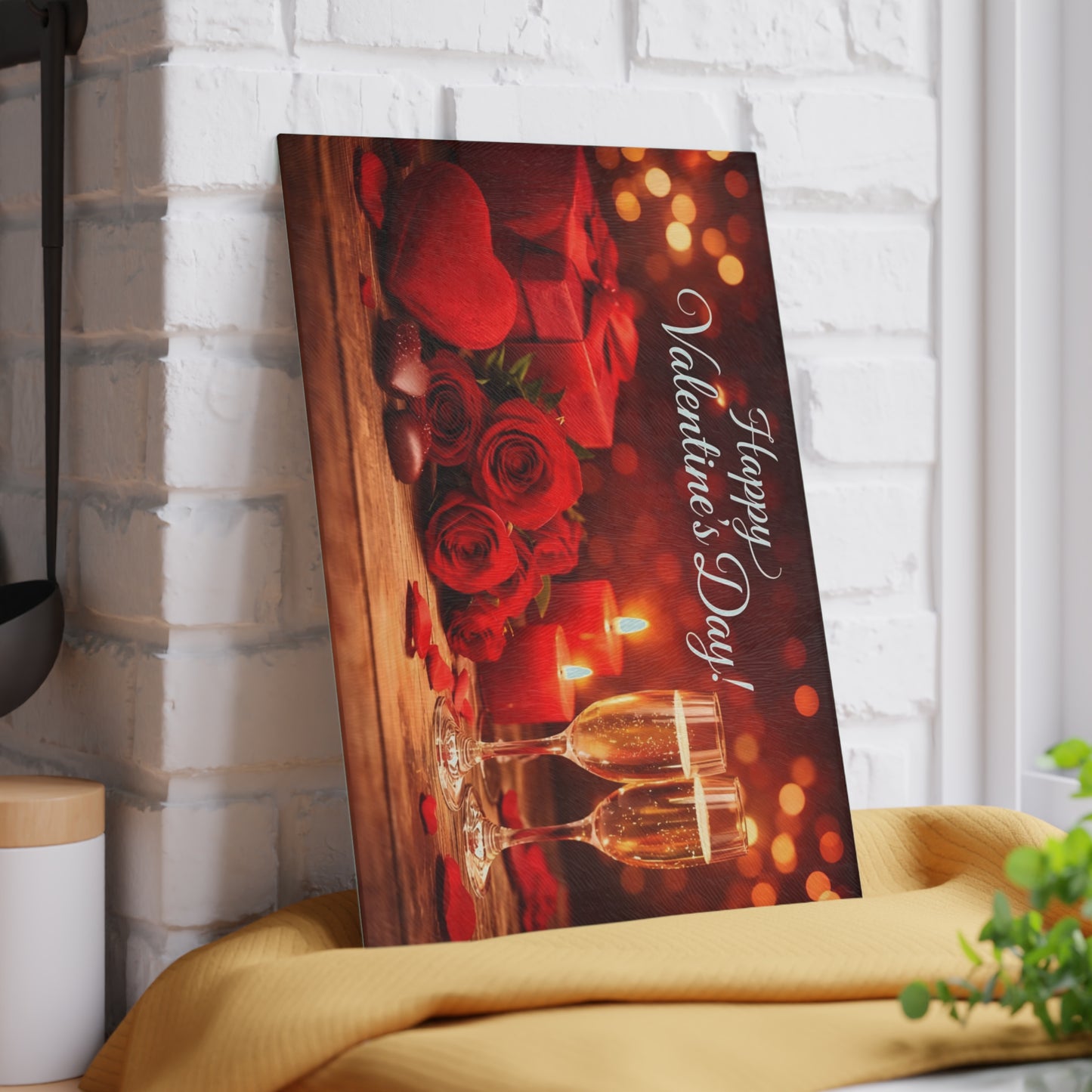 Happy Valentine’s Day Champagne & Roses Glass Cutting Board – Romantic Evening Kitchen Accent