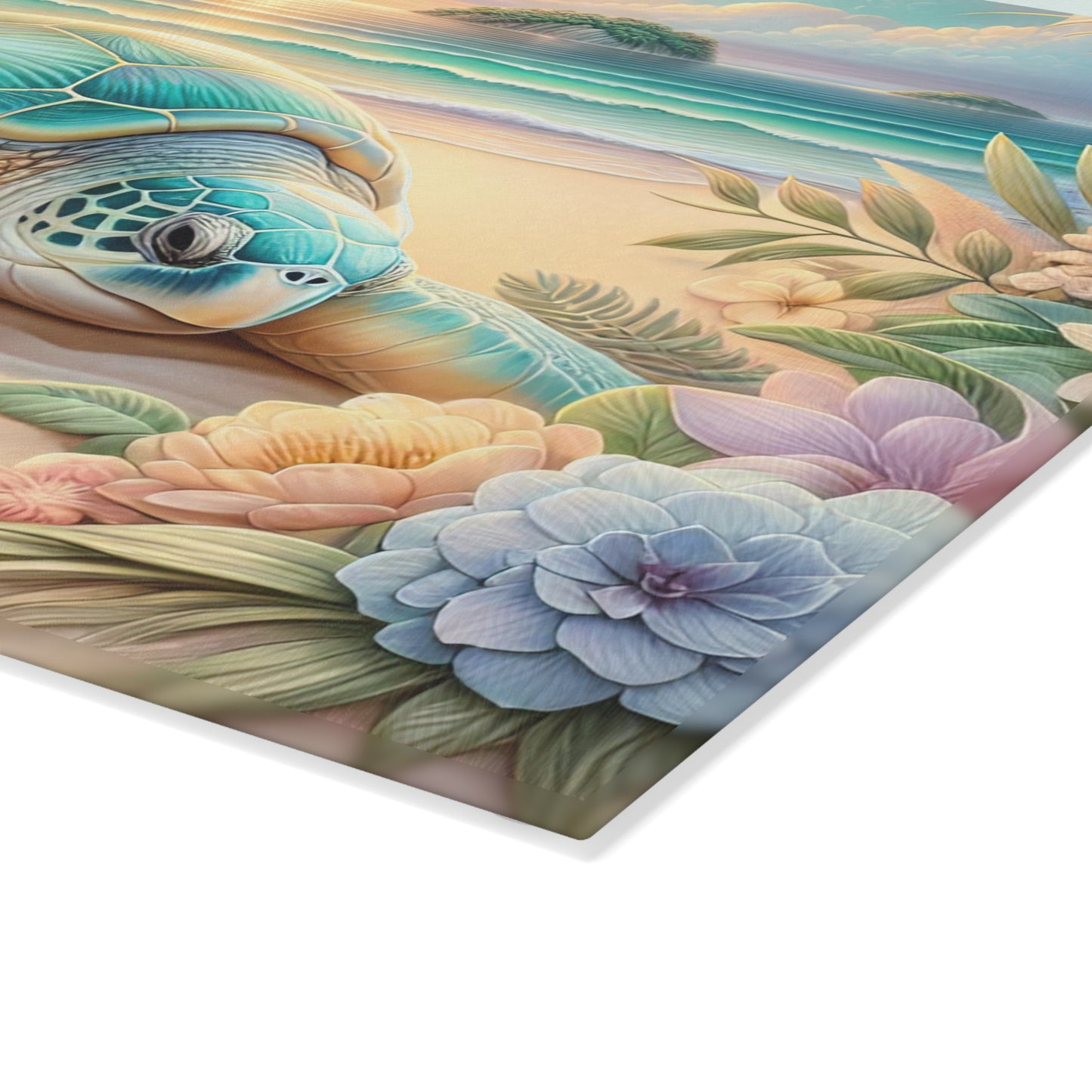 Peaceful Ocean Escape Sea Turtle Glass Cutting Board – Floral Beach Serenity Artwork