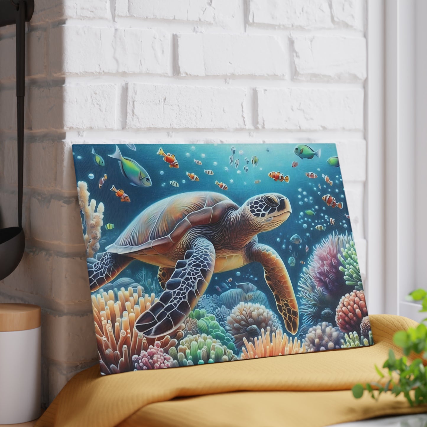 Tabla de cortar con diseño de tortuga marina y arrecife de coral: belleza oceánica serena para tu cocina