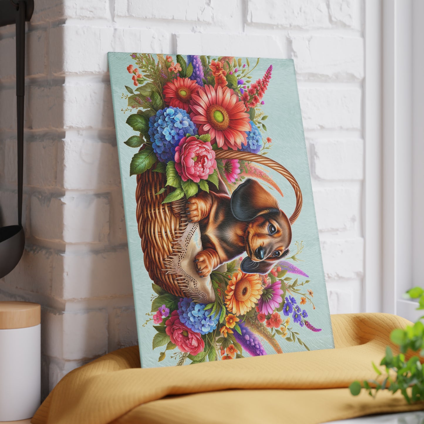 🌸 Dachshund Floral Basket Cutting Board – Whimsical Charm for Your Kitchen