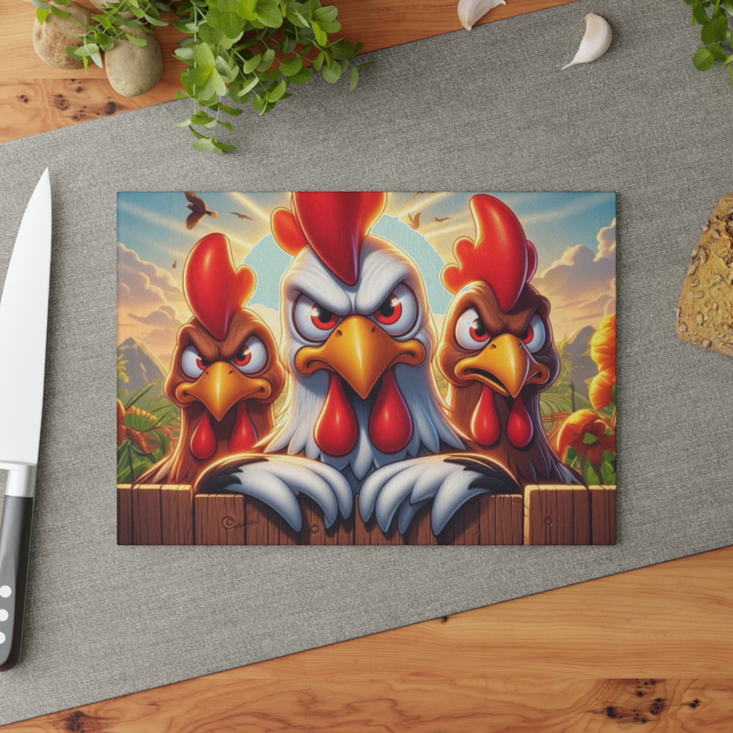 🐔 Three Angry Chickens Glass Cutting Board – Funny Farmhouse Kitchen Decor
