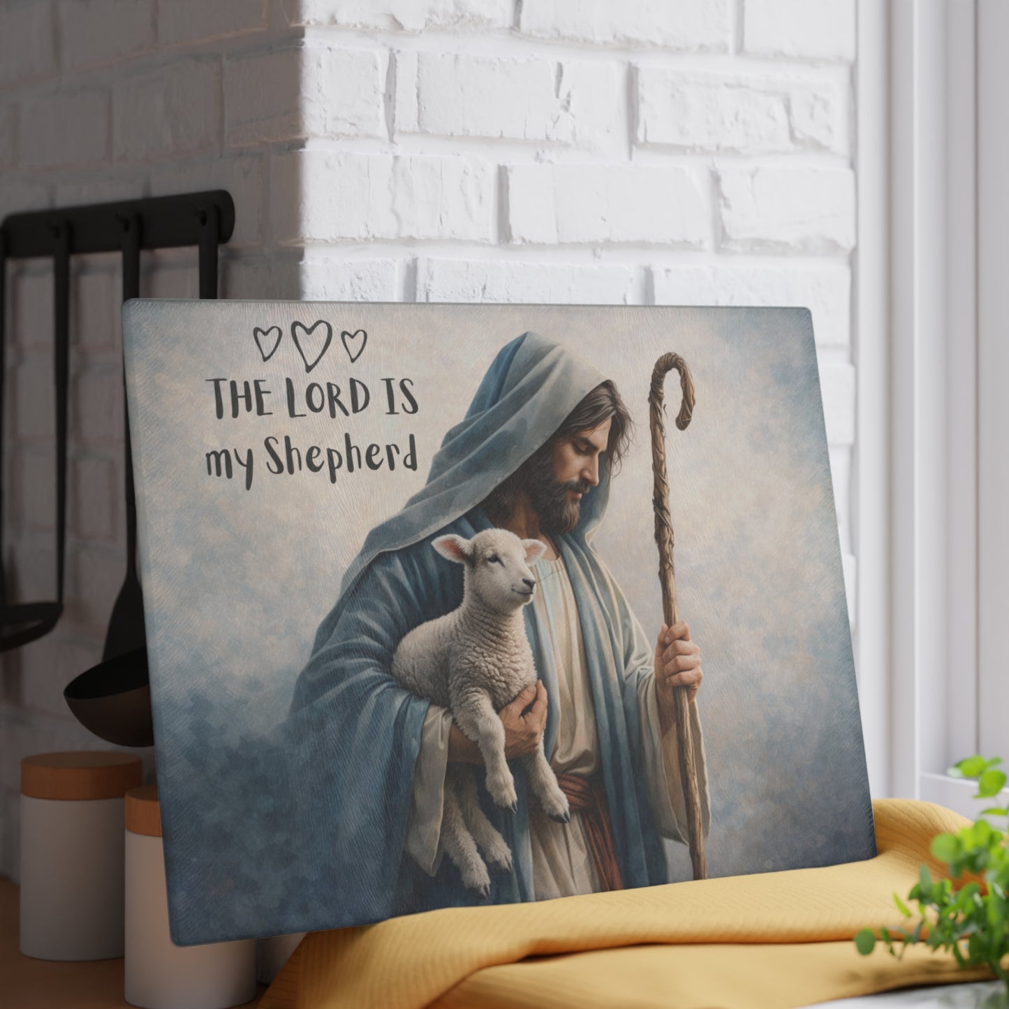 The Lord Is My Shepherd Glass Cutting Board – Faith-Inspired Lamb & Shepherd Artwork