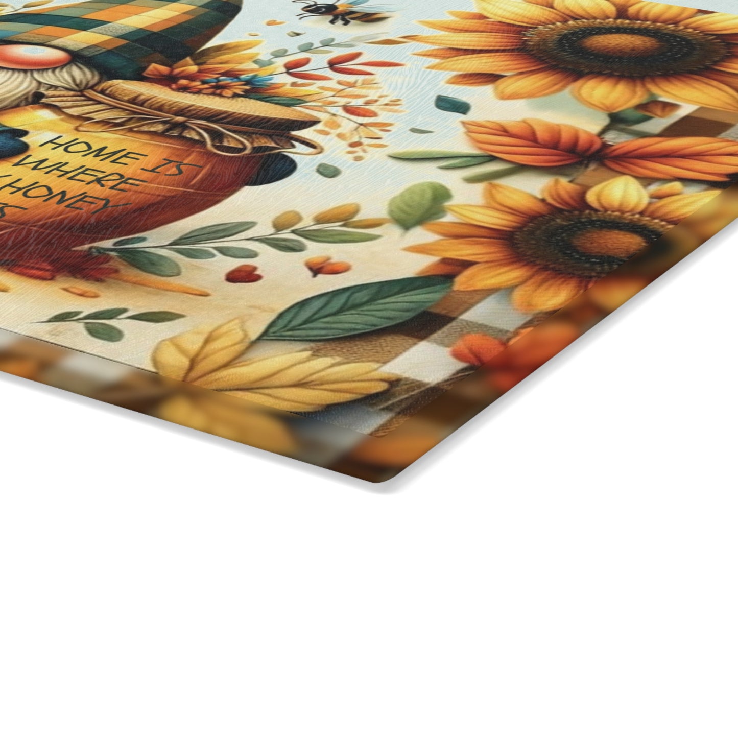 🐝🌻 “Home Is Where My Honey Is” Gnome Glass Cutting Board – Sunny Cheer for Your Kitchen