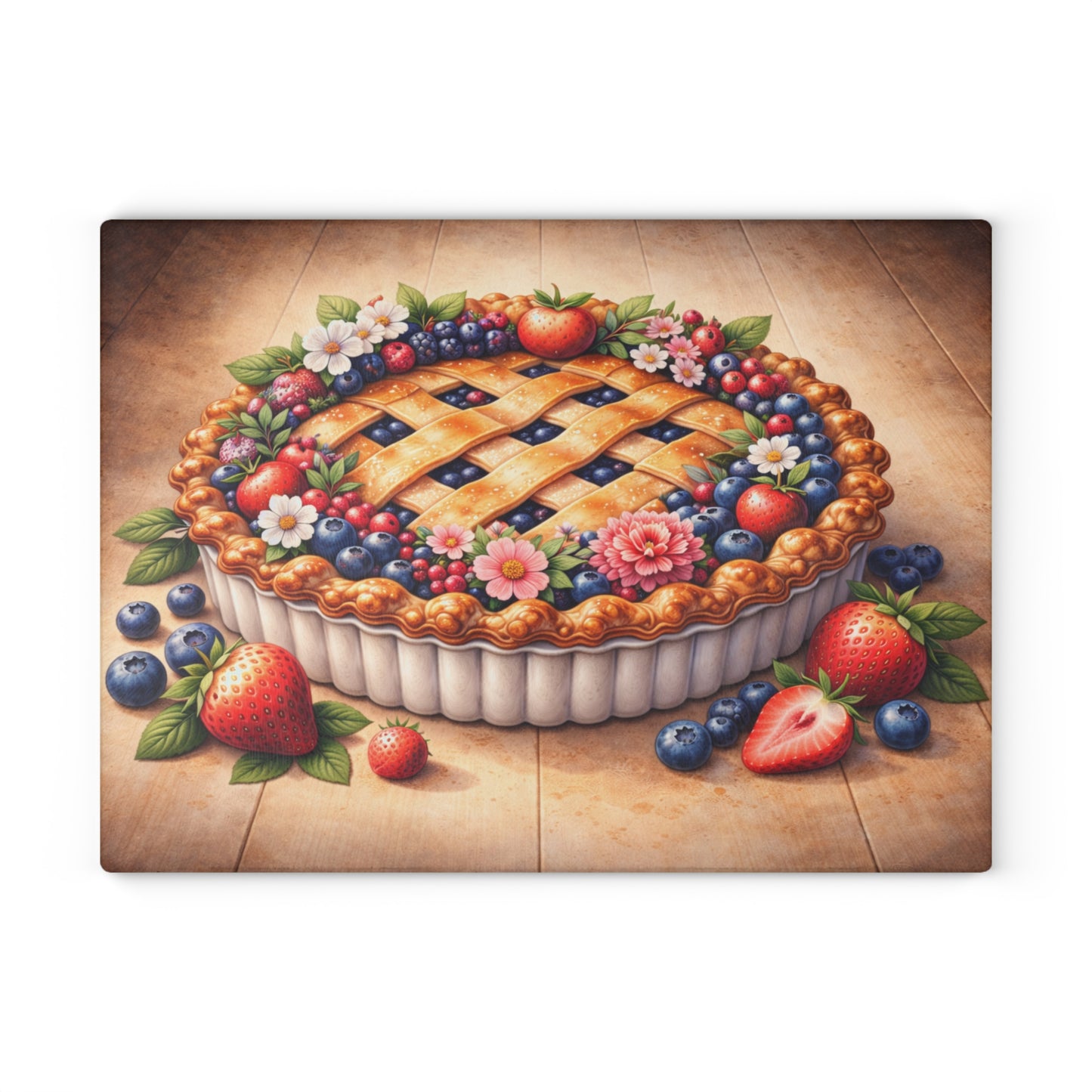 Berry Blossom Pie Glass Cutting Board – Vintage Farmhouse Dessert Kitchen Art