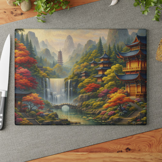 Asian Temple Garden Waterfall Glass Cutting Board – Serene Mountain Landscape Art