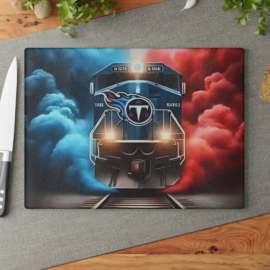 Tabla de cortar de vidrio Express en azul marino y rojo: un diseño de tren audaz para cocinas modernas y atrevidas