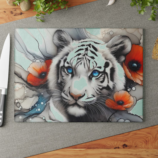 🐅 White Tiger Floral Cutting Board – Fierce Elegance for Your Kitchen