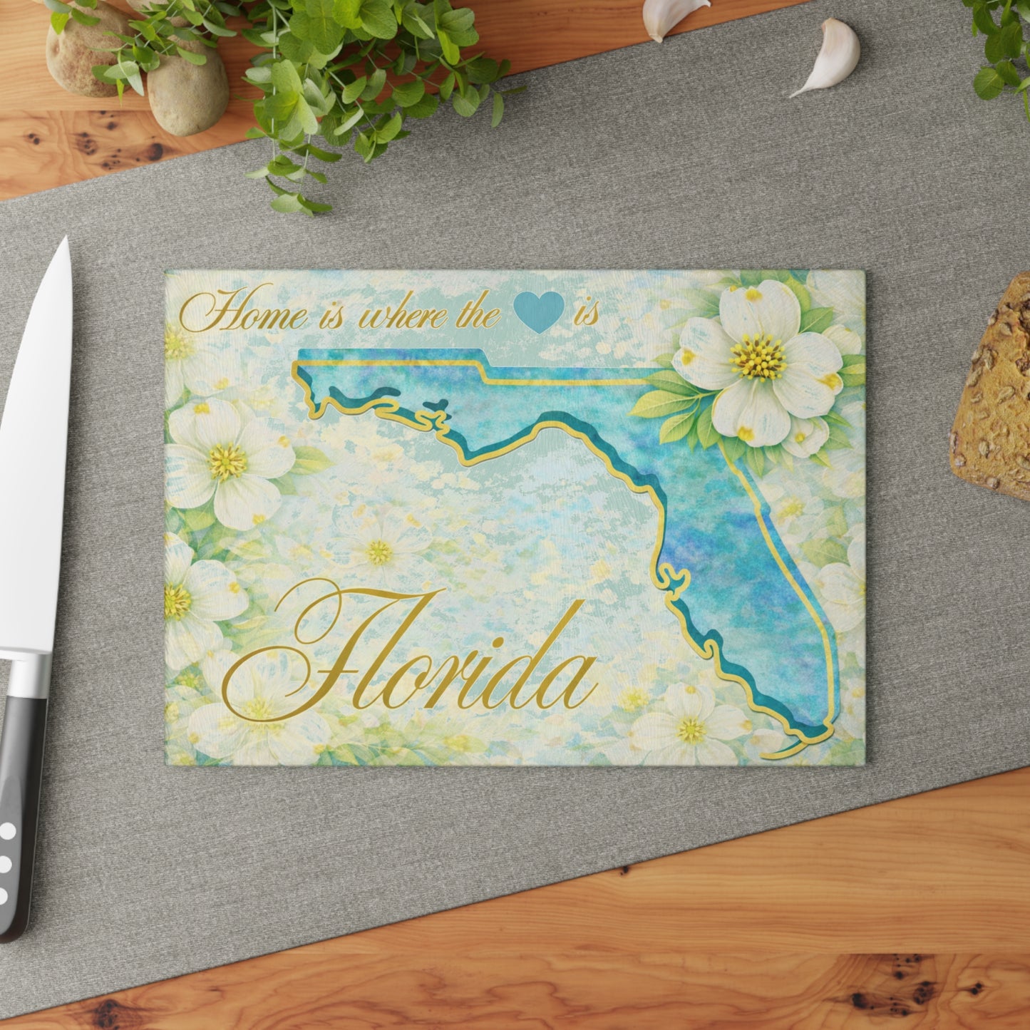 Florida State Flower Glass Cutting Board – Home Is Where the Heart Is Florida Kitchen Decor