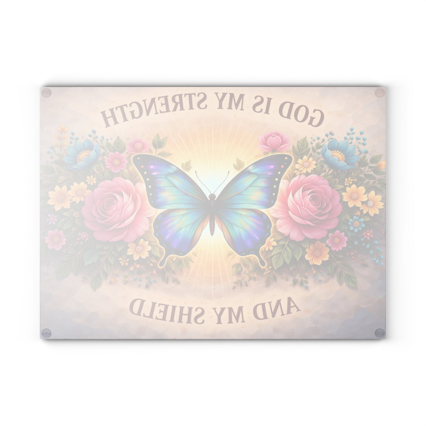 God Is My Strength Glass Cutting Board – Faith Butterfly Floral Christian Kitchen Display