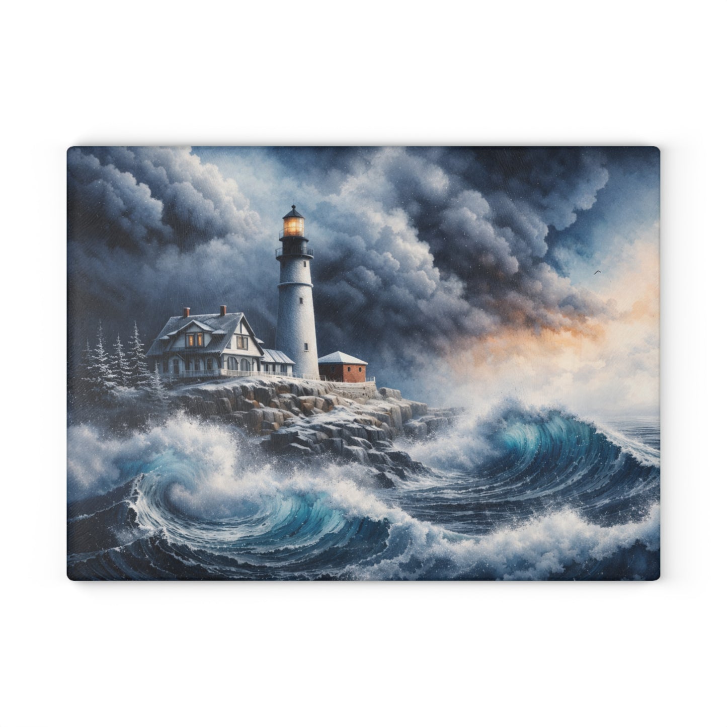 Storm watch Lighthouse Glass Cutting Board – Dramatic Coastal Ocean Art