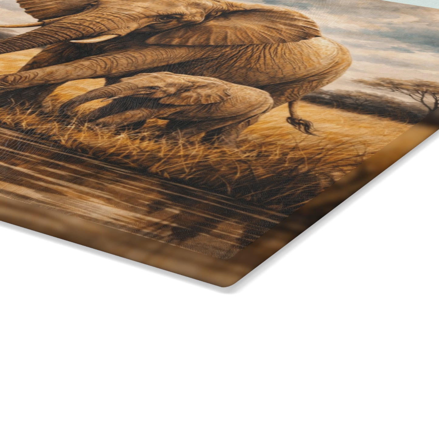 Safari Elephant and Calf Glass Cutting Board – African Wildlife Savanna Artwork