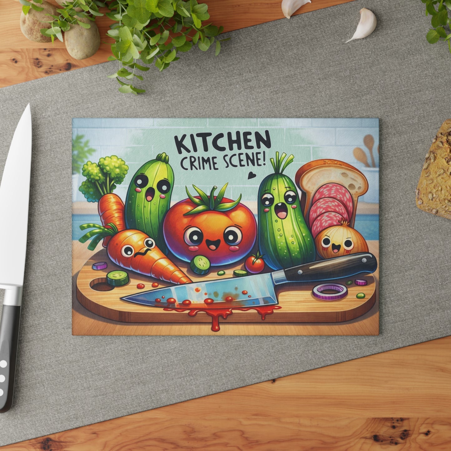 Kitchen Crime Scene Glass Cutting Board – Funny Vegetable Cartoon Kitchen Decor