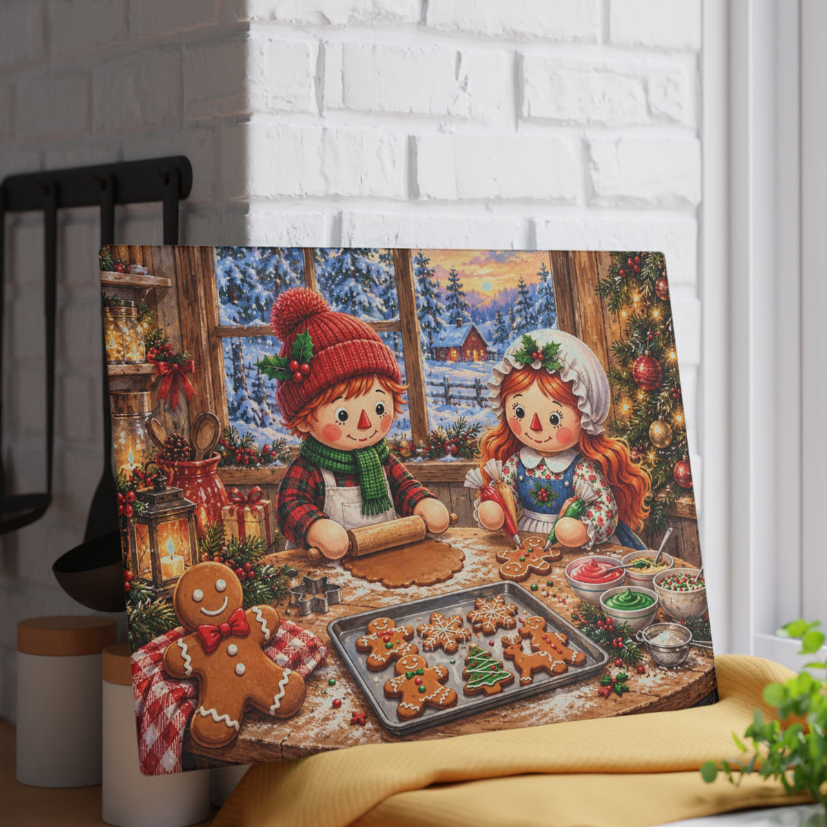Christmas Gingerbread Boy and Girl Baking Tempered Glass Cutting Board – Cozy Farmhouse Holiday Kitchen Art – 11 × 15 Inches