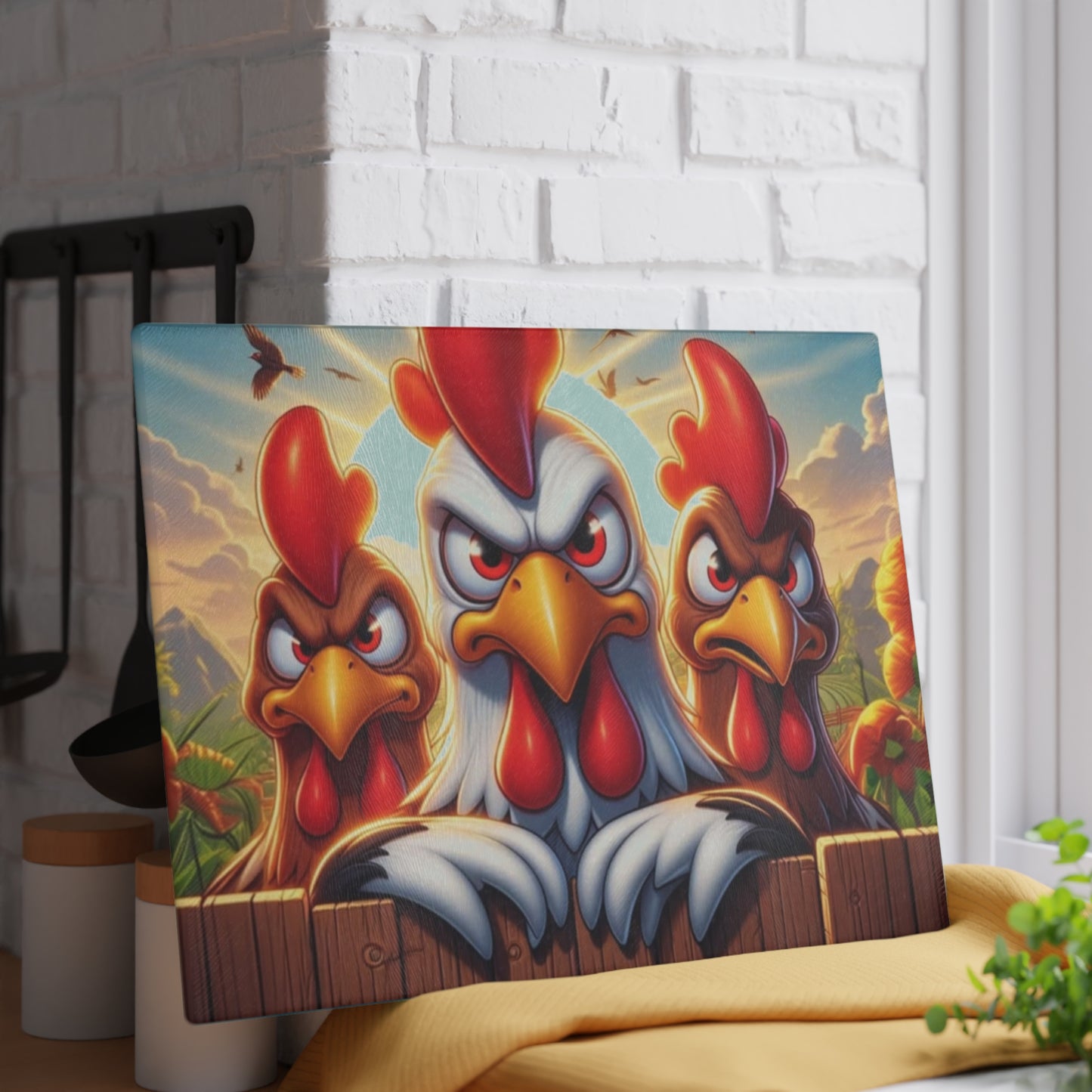🐔 Three Angry Chickens Glass Cutting Board – Funny Farmhouse Kitchen Decor