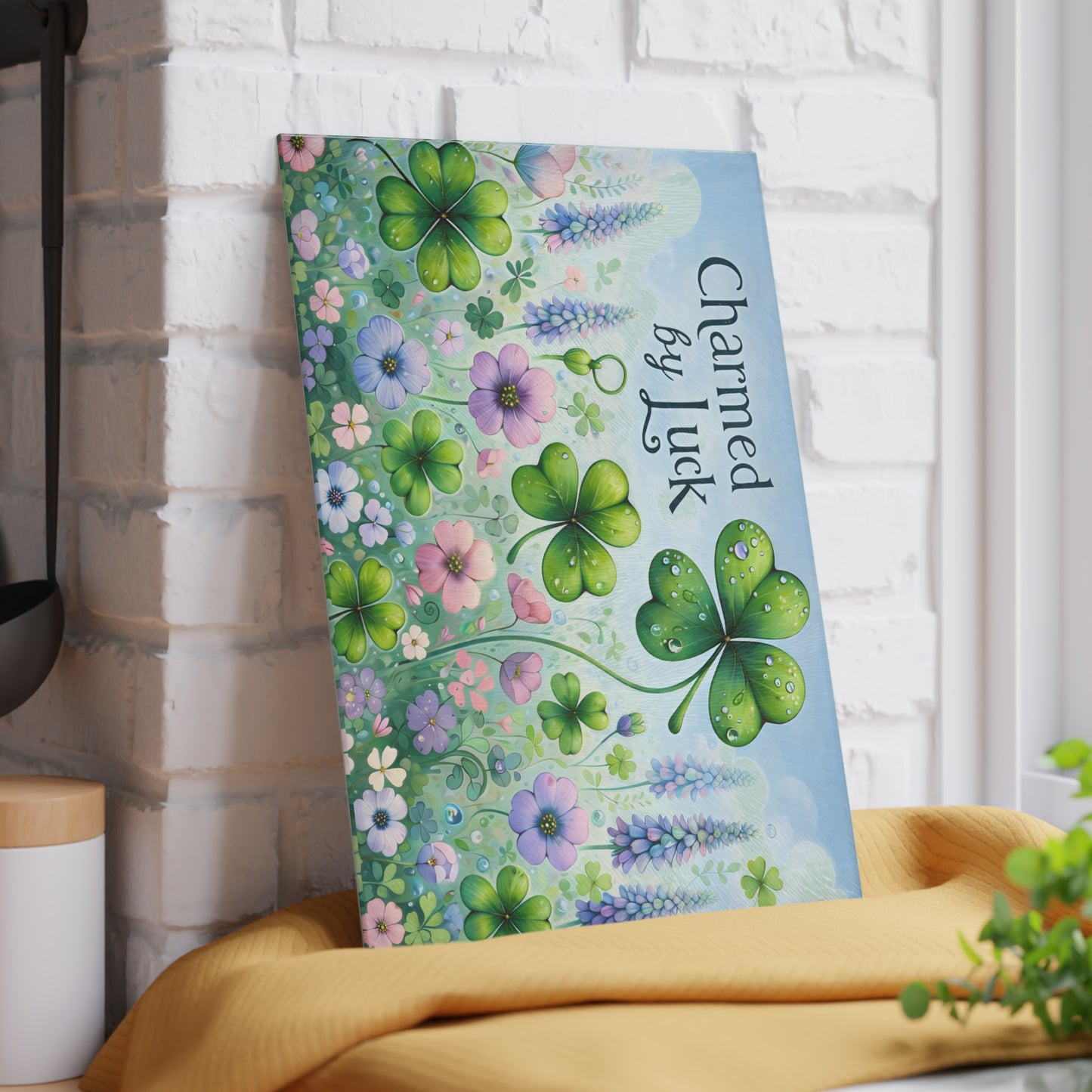 Charmed by Luck Floral Shamrock Glass Cutting Board – Whimsical St. Patrick’s Day Kitchen Art