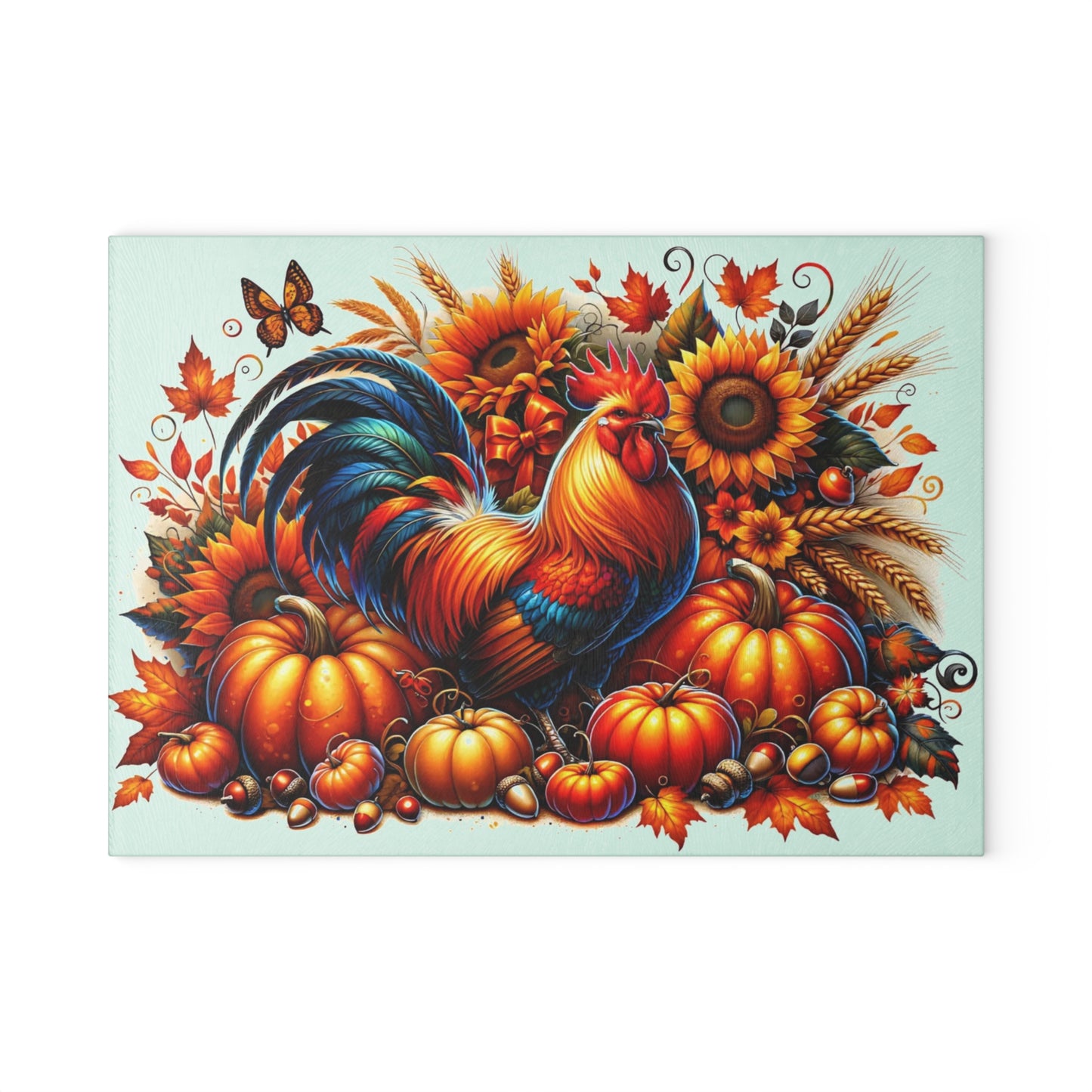 🧡🌻 “Harvest Rooster & Sunflowers” Glass Cutting Board – Cozy Charm for Your Kitchen