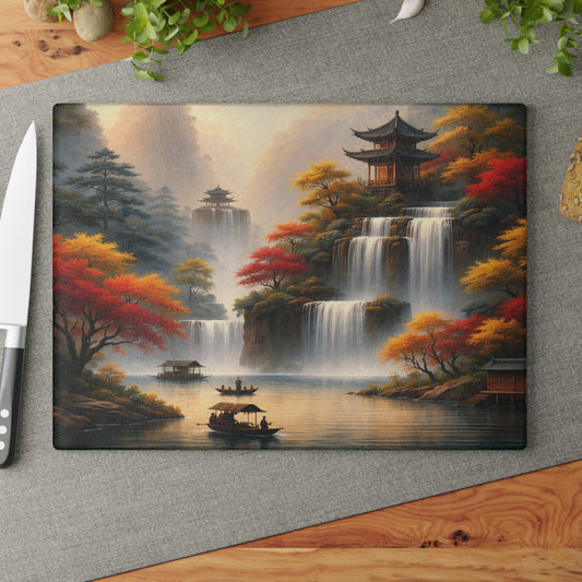 Asian Waterfall Landscape Glass Cutting Board – Serene Mountain Temple Kitchen Art