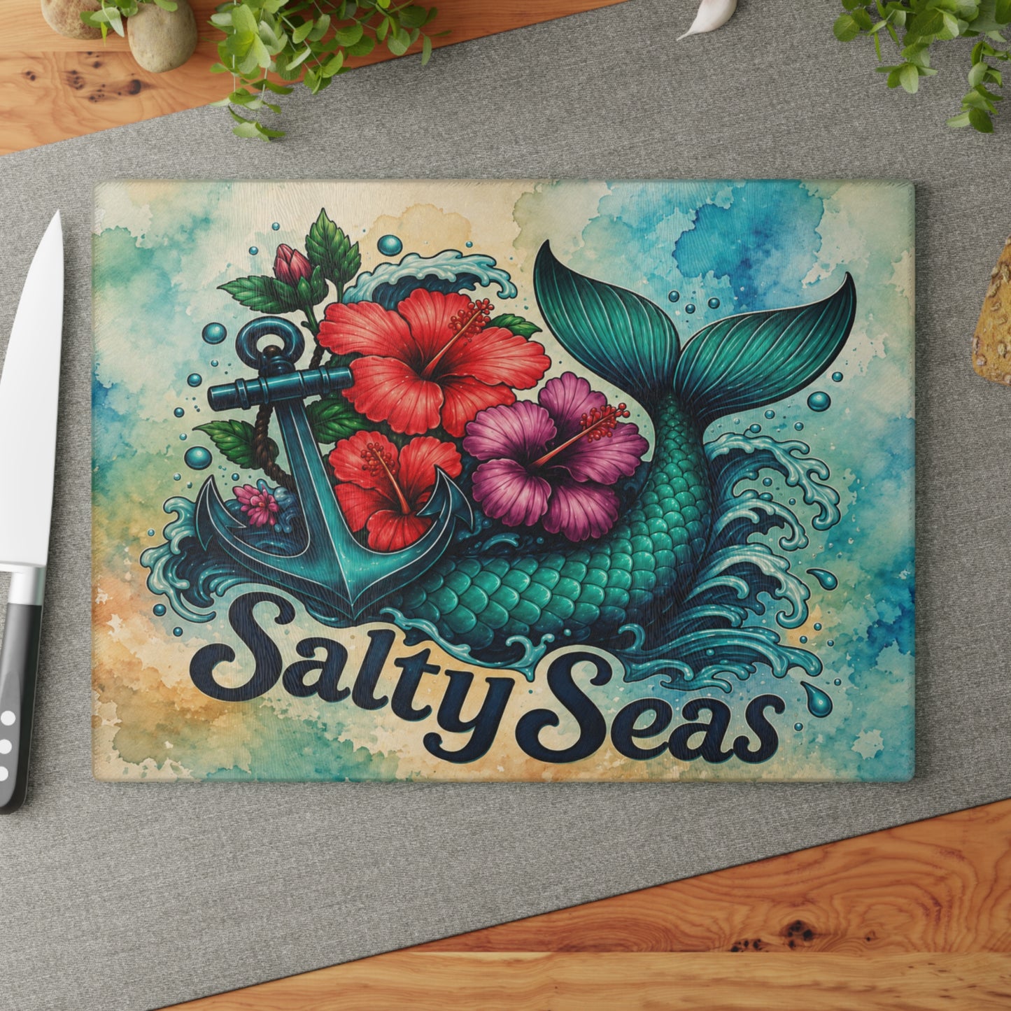 Salty Seas Mermaid Tail Glass Cutting Board – Coastal Beach Kitchen Decor with Anchor & Tropical Flowers
