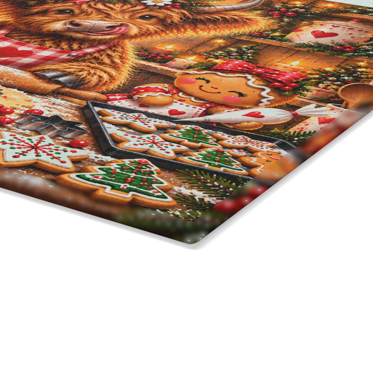 Christmas Highland Cow Baking Cookies Tempered Glass Cutting Board – Gingerbread Farmhouse Christmas – 11 × 15 Inches