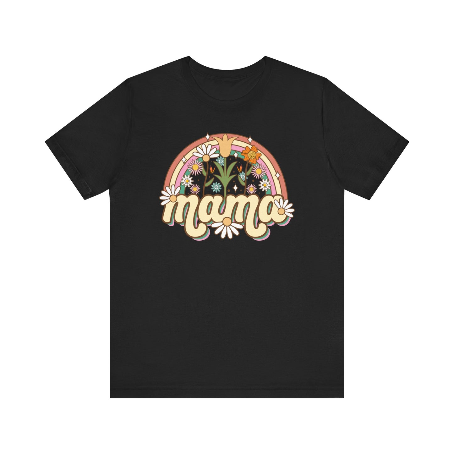 🌼🌈 Retro Floral Mama T-Shirt – Boho Rainbow Graphic Tee for Moms 🌻✨