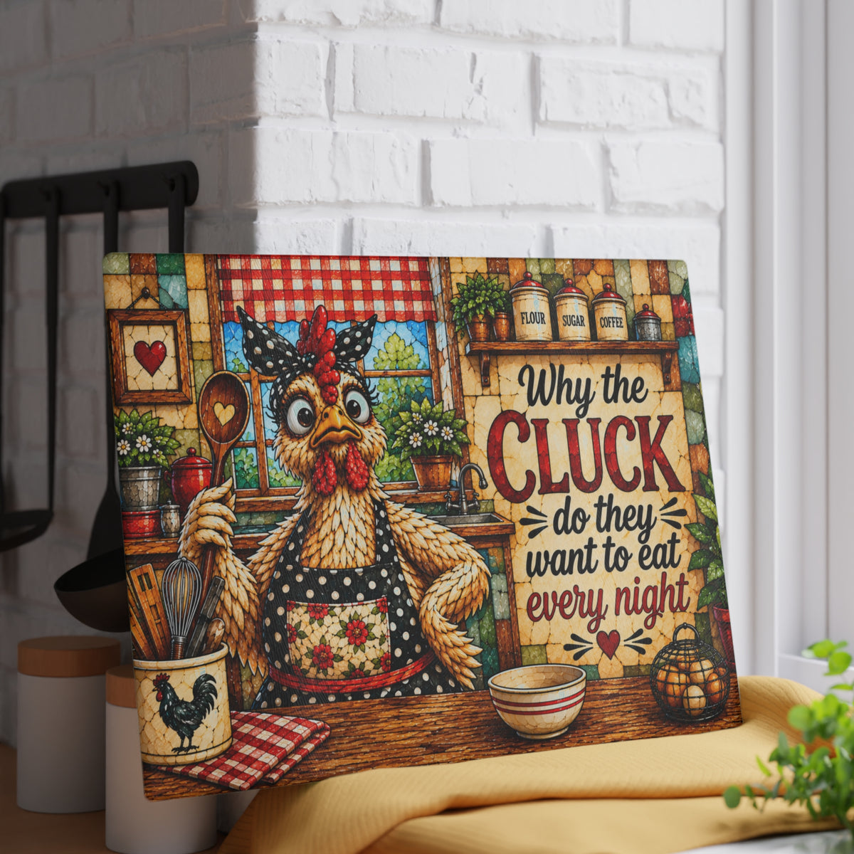 Stained-Glass-Inspired Funny Chicken Cutting Board – Why the Cluck Do They Want to Eat Every Night? Farmhouse Kitchen Décor & Chicken Lover Gift