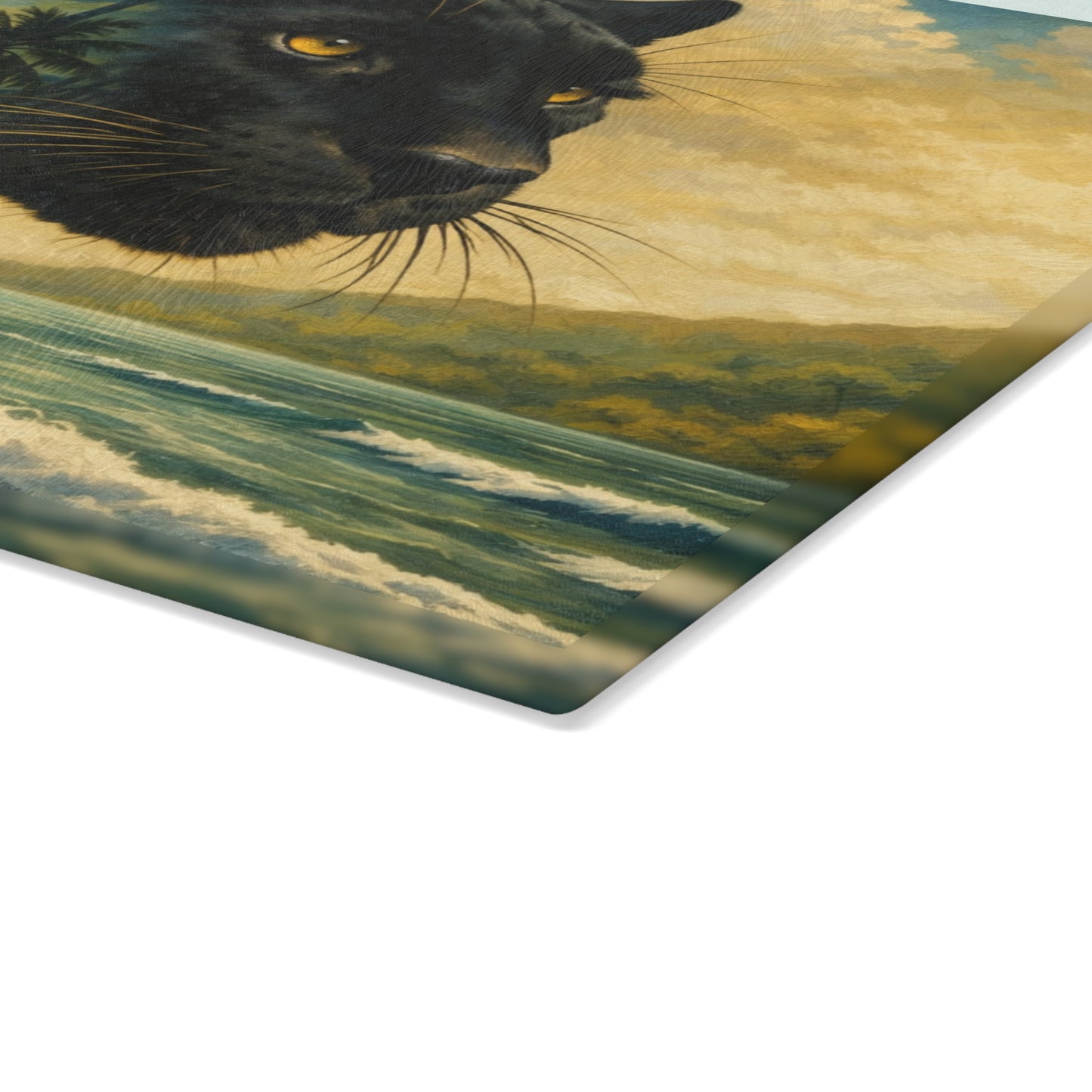 Black Panther Tropical Beach Glass Cutting Board – Exotic Wildlife Coastal Artwork