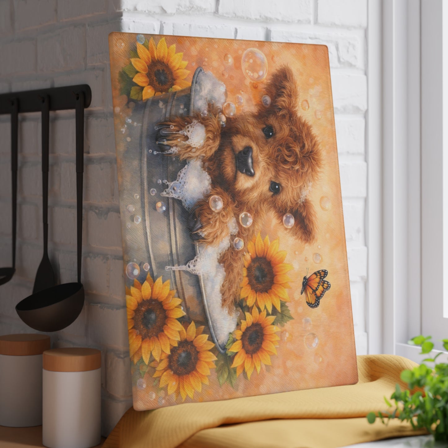 Highland Calf Bubble Bath Glass Cutting Board – Farmhouse Kitchen Decor