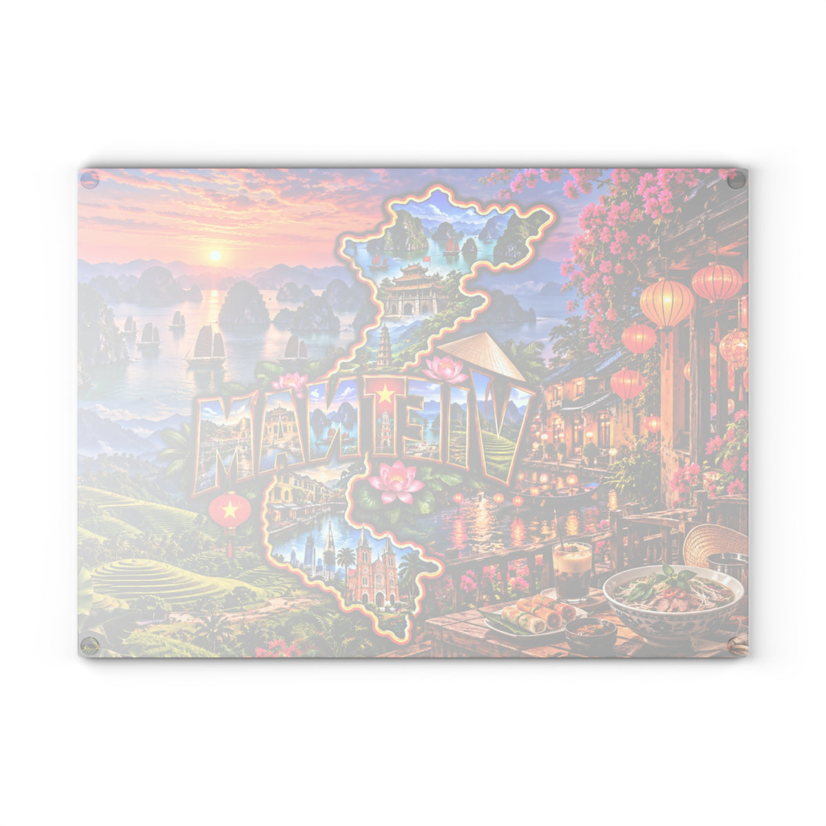 Vietnam Map Cutting Board – Colorful Ha Long Bay, Lantern-Lit Hoi An, Rice Terraces, Lotus Flowers & Vietnamese Kitchen Décor