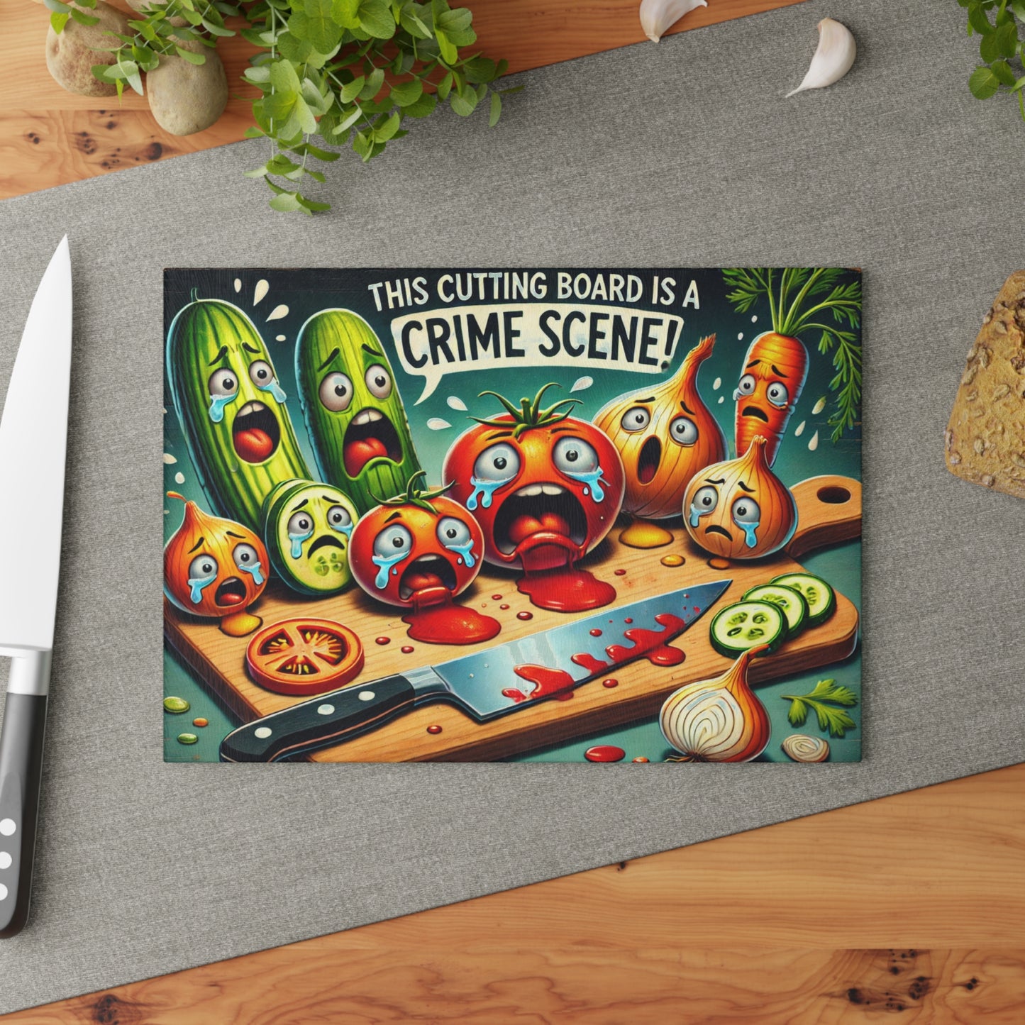 Tabla de cortar de vidrio con temática de escena del crimen en la cocina: verduras, pan y salami que gritan, decoración divertida para la cocina