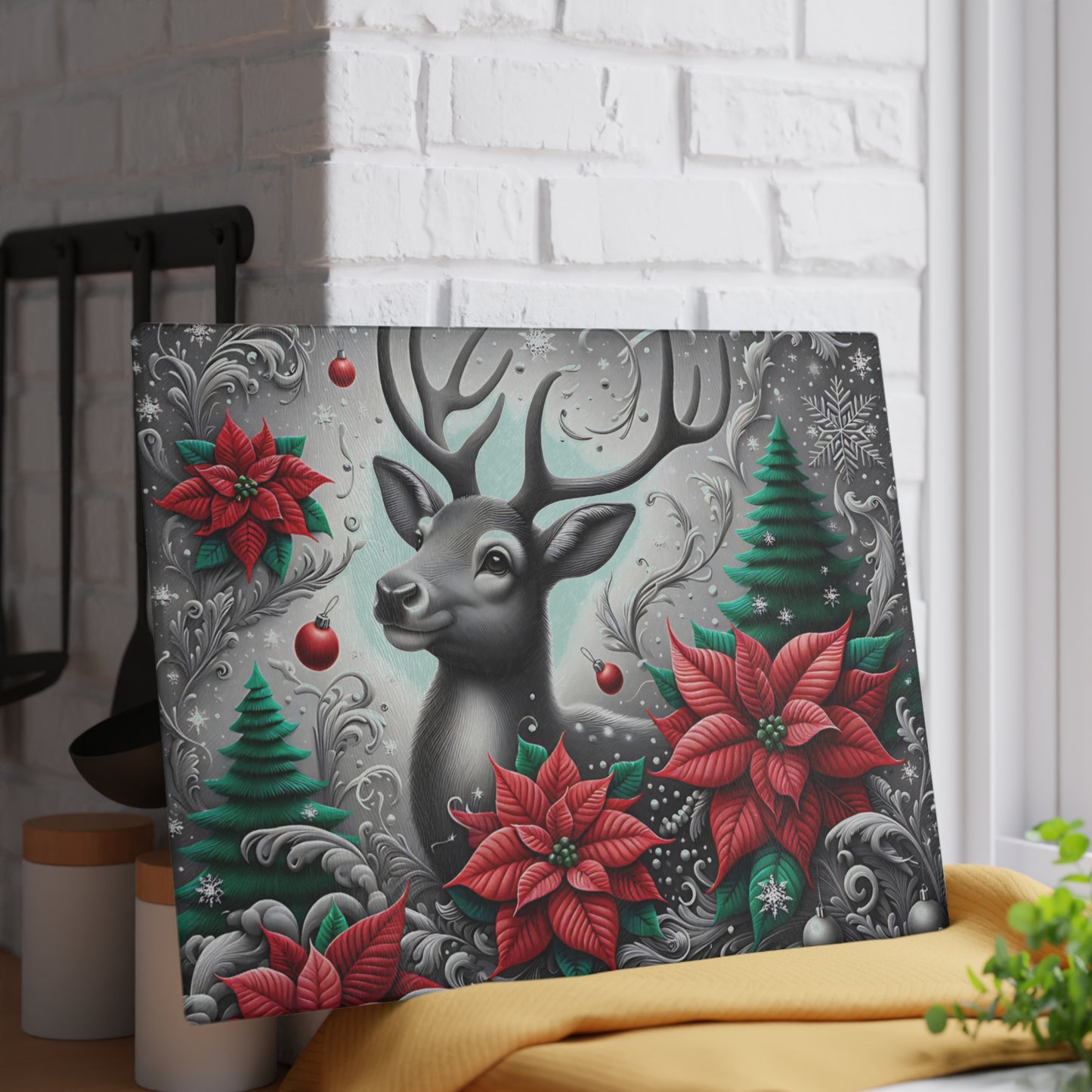 🦌❄️ “Winter Woodland Deer” Glass Cutting Board – Elegant Christmas Charm for Your Kitchen