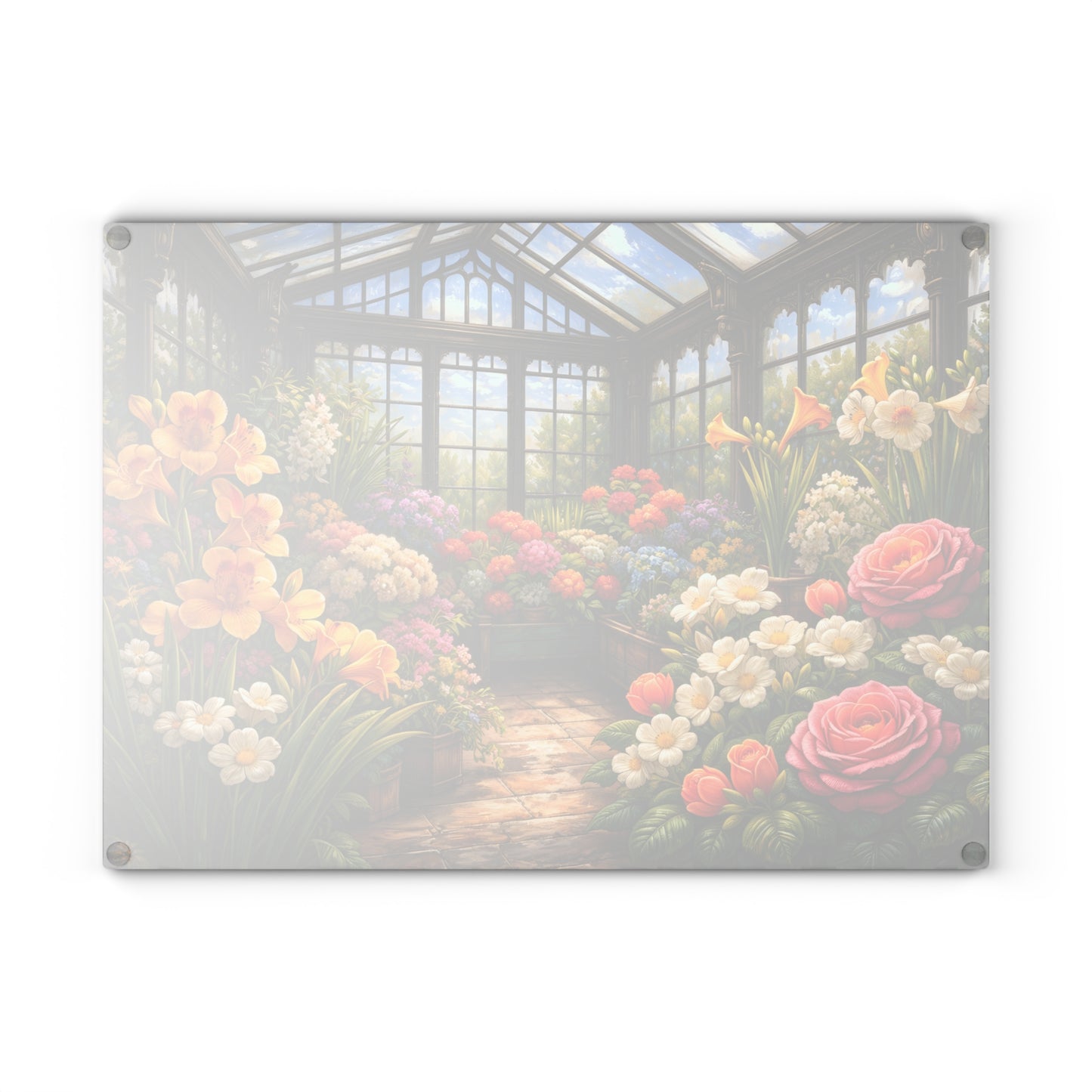 Sunlit Garden Conservatory Glass Cutting Board – Floral Greenhouse Kitchen Décor