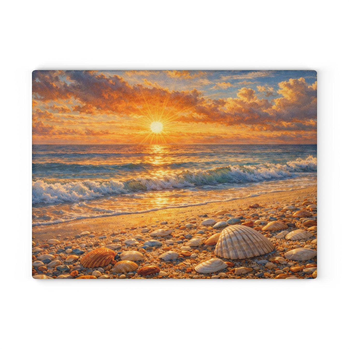 Golden Beach Sunrise Glass Cutting Board – Coastal Seashell Ocean Art