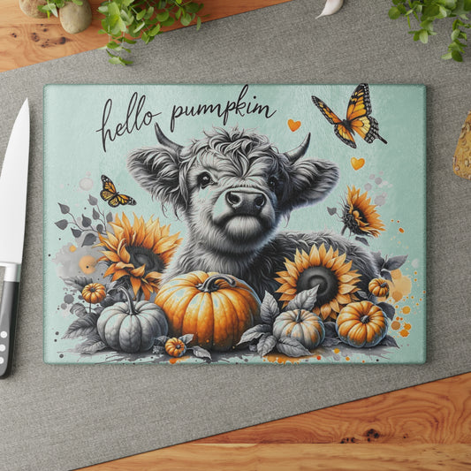 🐮🎃 Hello Pumpkin Highland Cow Cutting Board – Autumn Charm with Sunflowers & Butterflies 🍂🦋