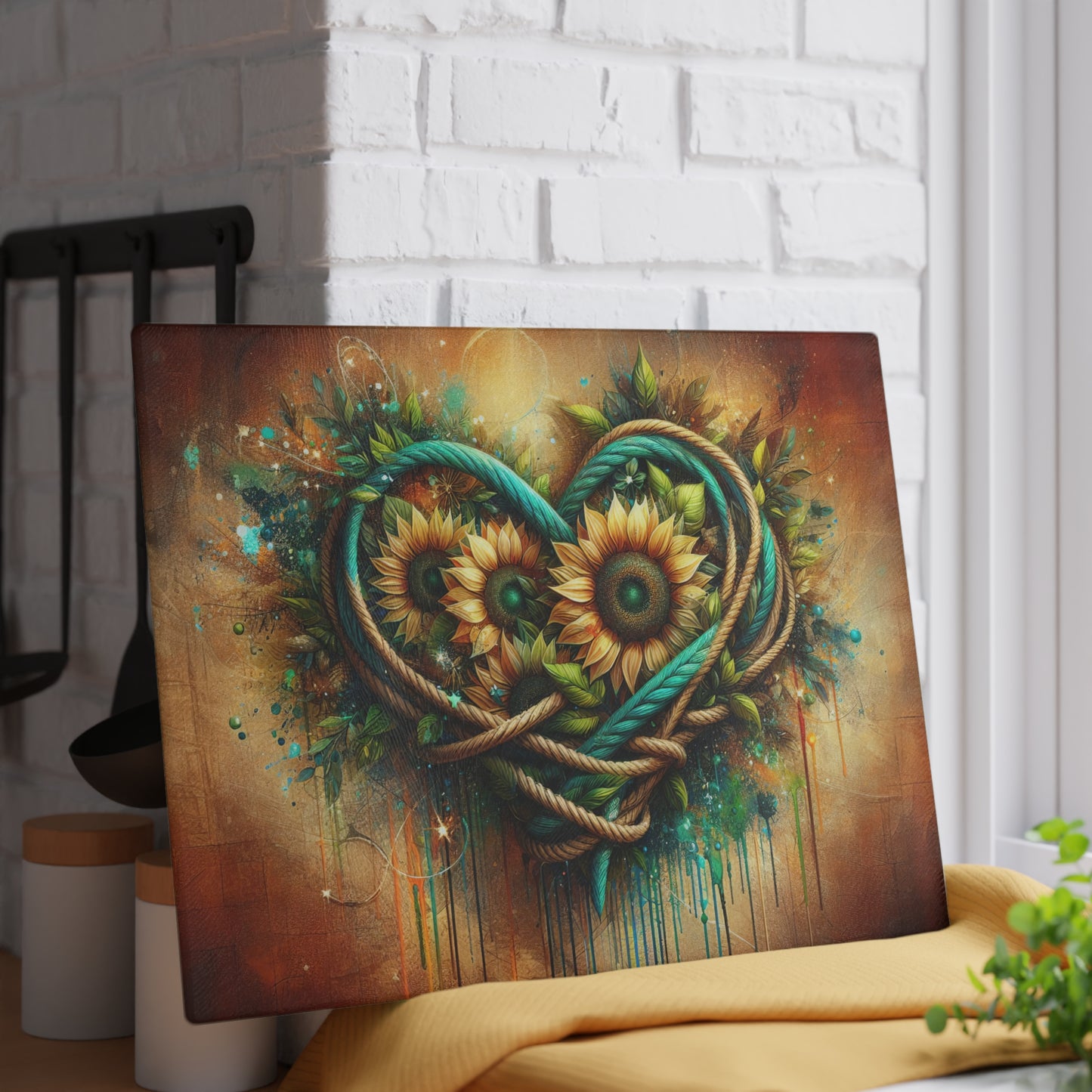 Sunflower Rope Heart Glass Cutting Board – Rustic Floral Love Kitchen Display