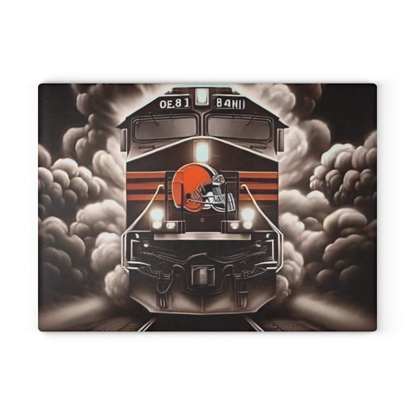 Brown & Orange Express Glass Cutting Board – Classic Train Design for Warm Rustic Kitchens