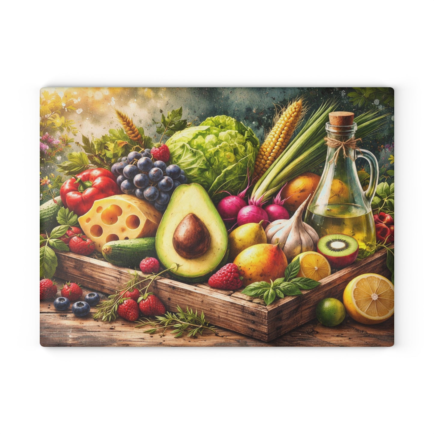Fresh Harvest Farmhouse Glass Cutting Board – Rustic Market Fruit & Vegetable Kitchen Decor