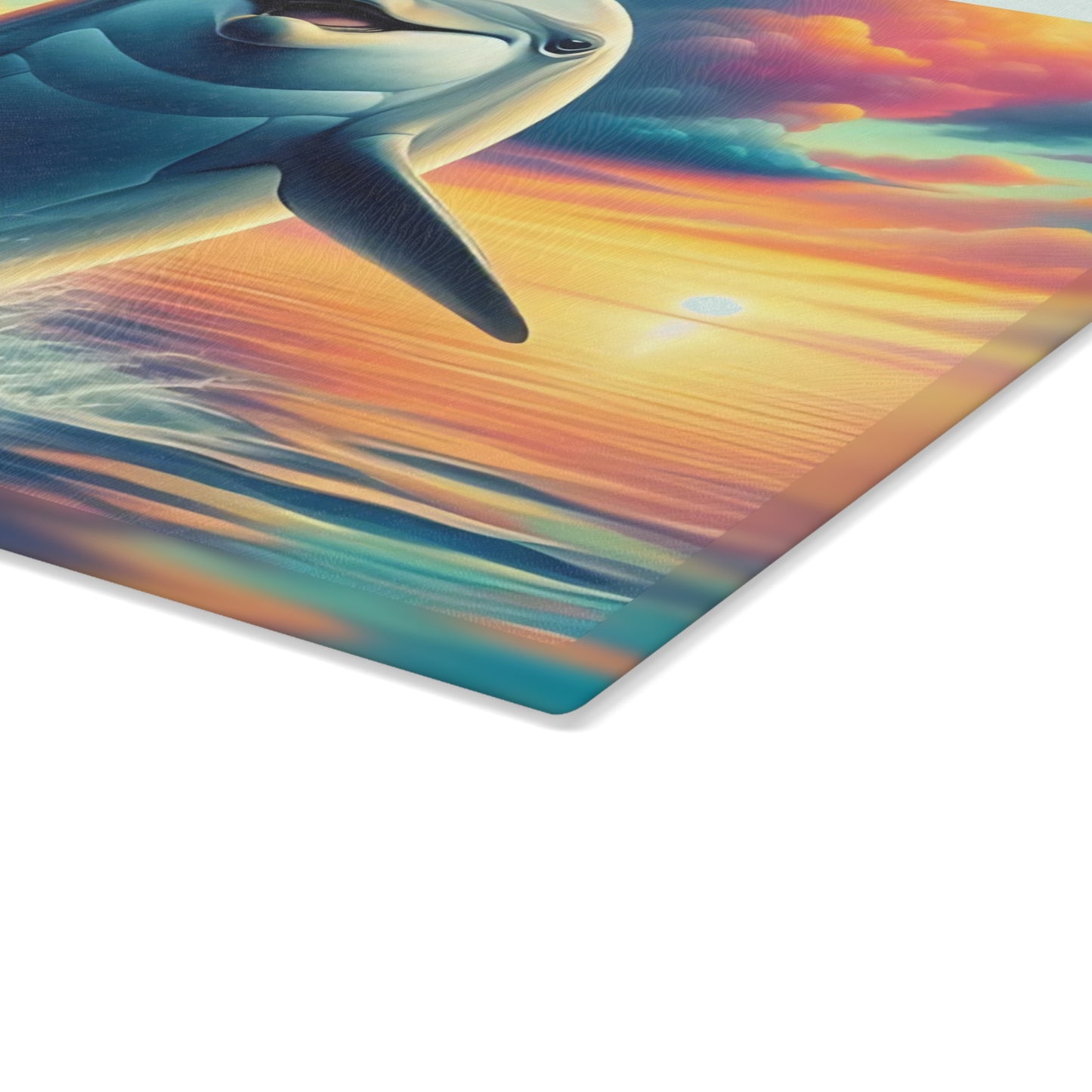 Happy Dolphin & Rainbow-Colored Clouds Glass Cutting Board – Whimsical Ocean Kitchen Art