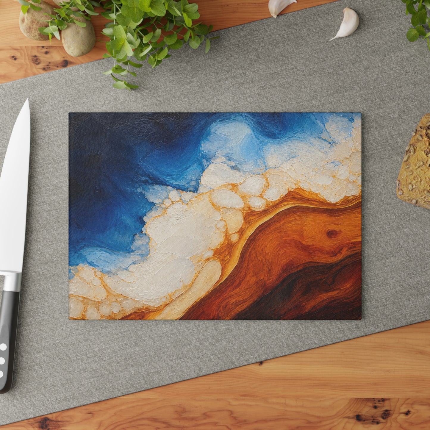 Coastal Resin-Painted Look Ocean Abstract Glass Cutting Board – Blue Waves and Golden Shoreline Artwork