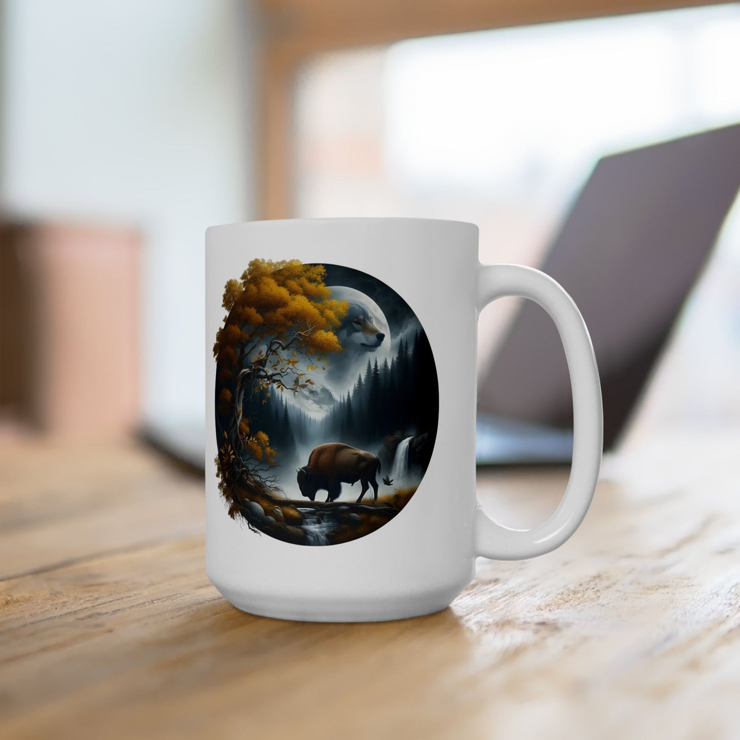 🌙🐂 Wolf & Buffalo Spirit Mug – Autumn Nature Coffee Cup ☕🌲