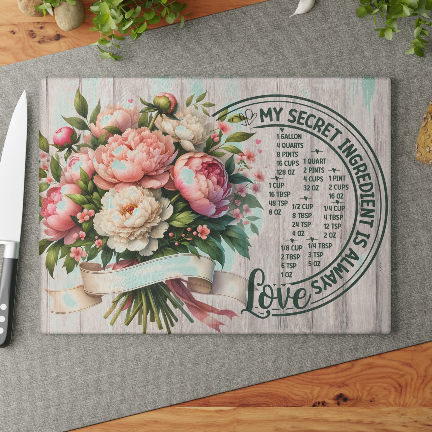 My Secret Ingredient Is Always Love Glass Cutting Board – Floral Kitchen Conversion Chart