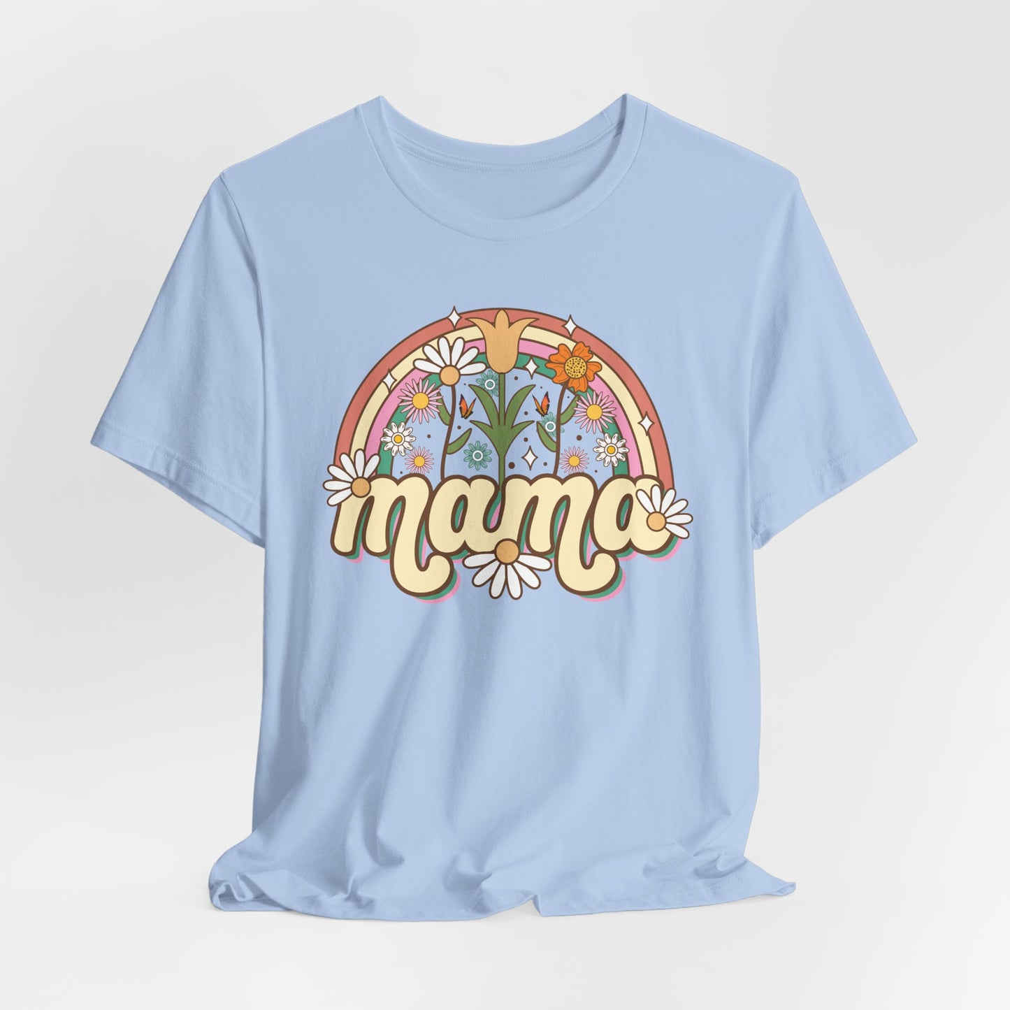 🌼🌈 Retro Floral Mama T-Shirt – Boho Rainbow Graphic Tee for Moms 🌻✨