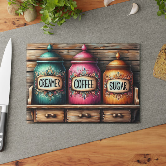 Farmhouse Canister Glass Cutting Board – Coffee, Sugar & Creamer Display