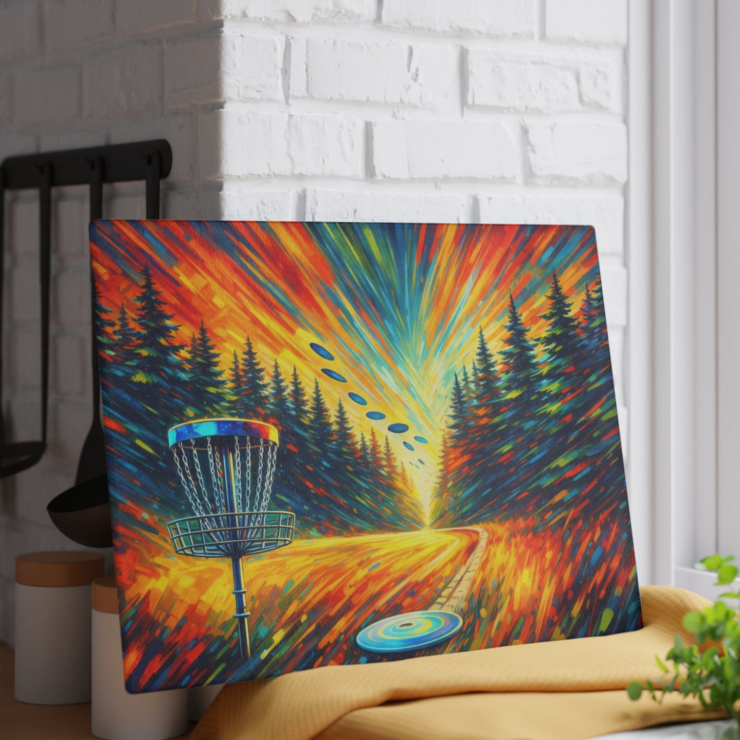 Disc Golf Basket Sunset Glass Cutting Board – Colorful Outdoor Sports Artwork