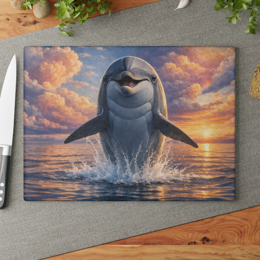 Joyful Dolphin Sunrise Glass Cutting Board – Uplifting Ocean Artwork