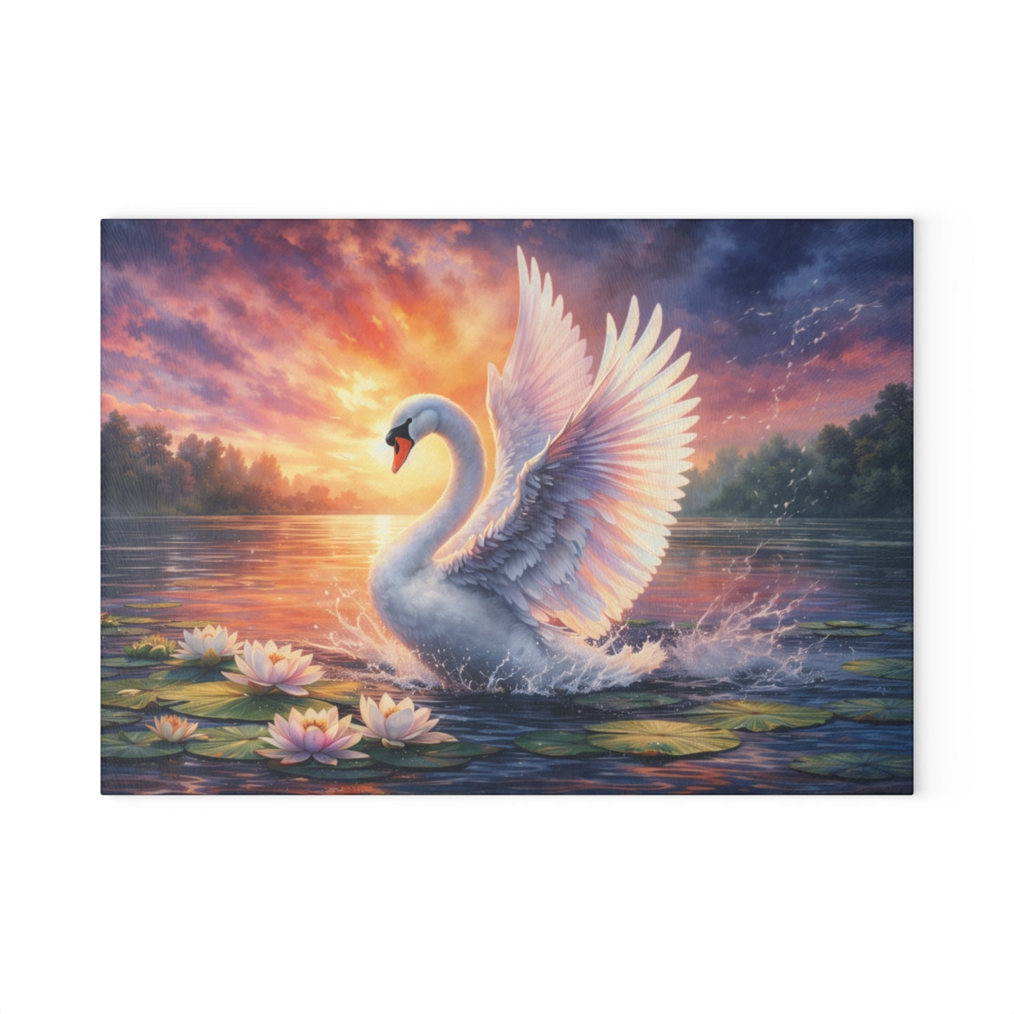 Graceful Swan Sunset Glass Cutting Board – Elegant Lake Nature Kitchen Art