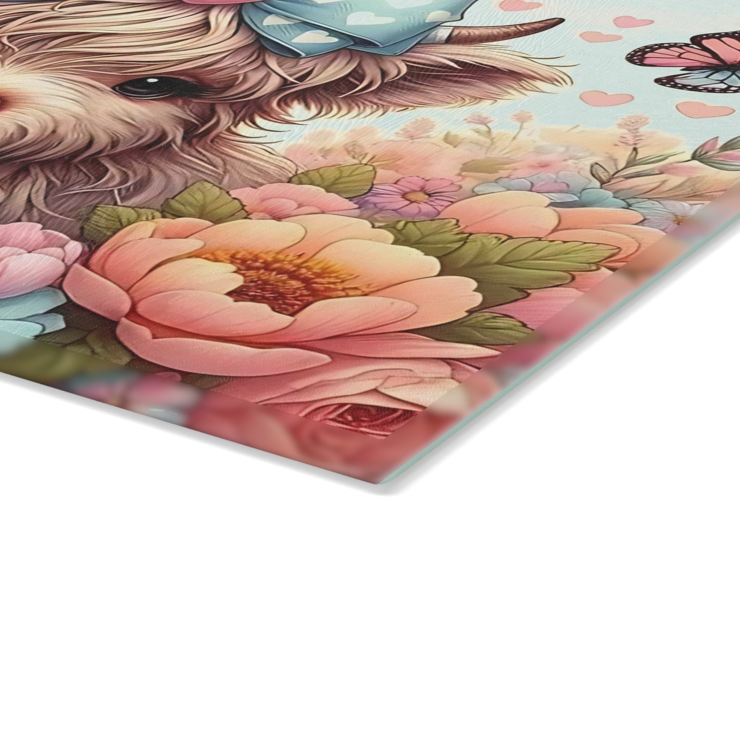 Highland Cow Glass Cutting Board with Bow, Flowers & Butterflies
